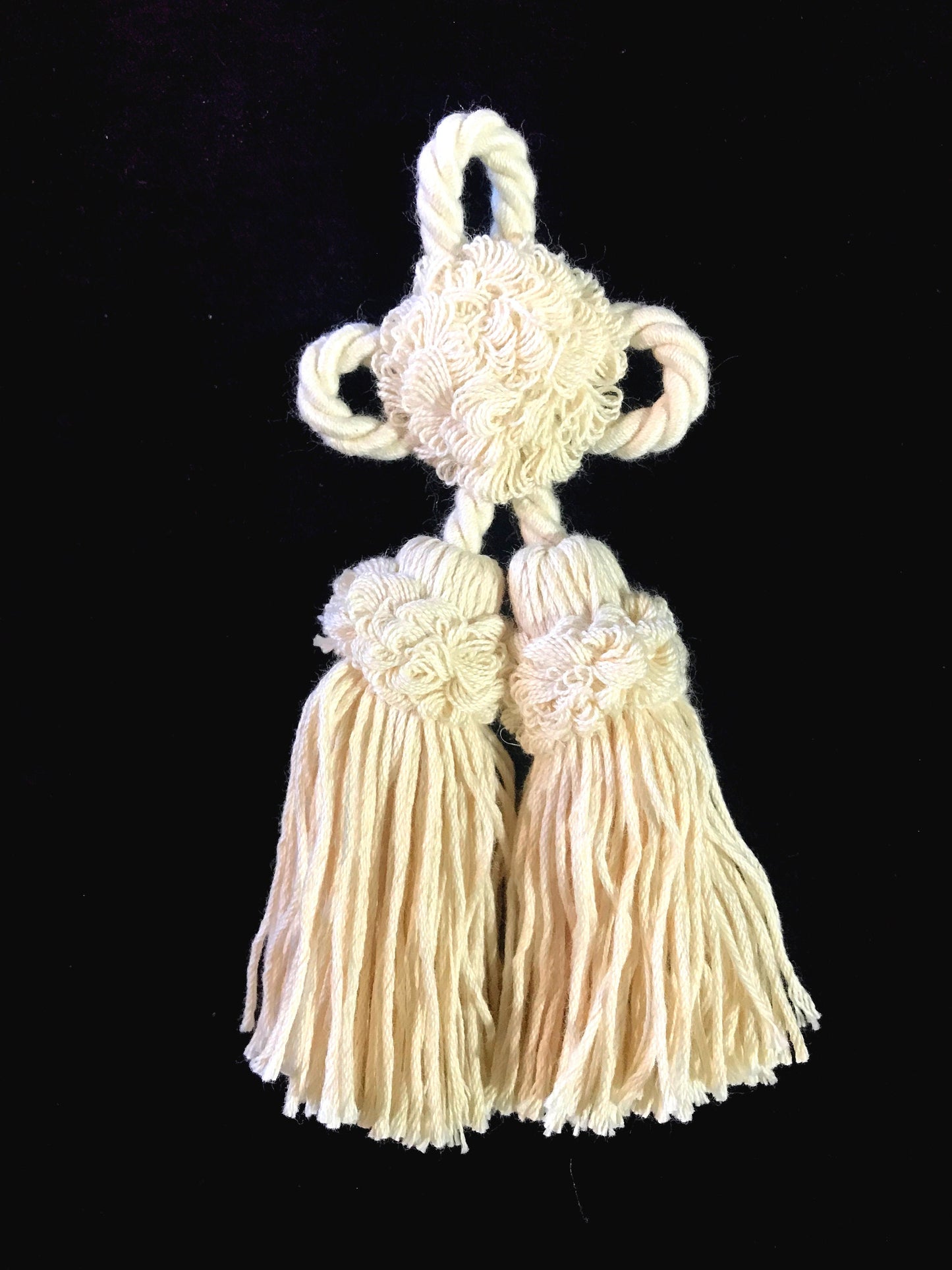 Rosette with cotton tassel bow. Decoration for cushion, sofa, curtain, bags, clothes. Handmade made in Italy