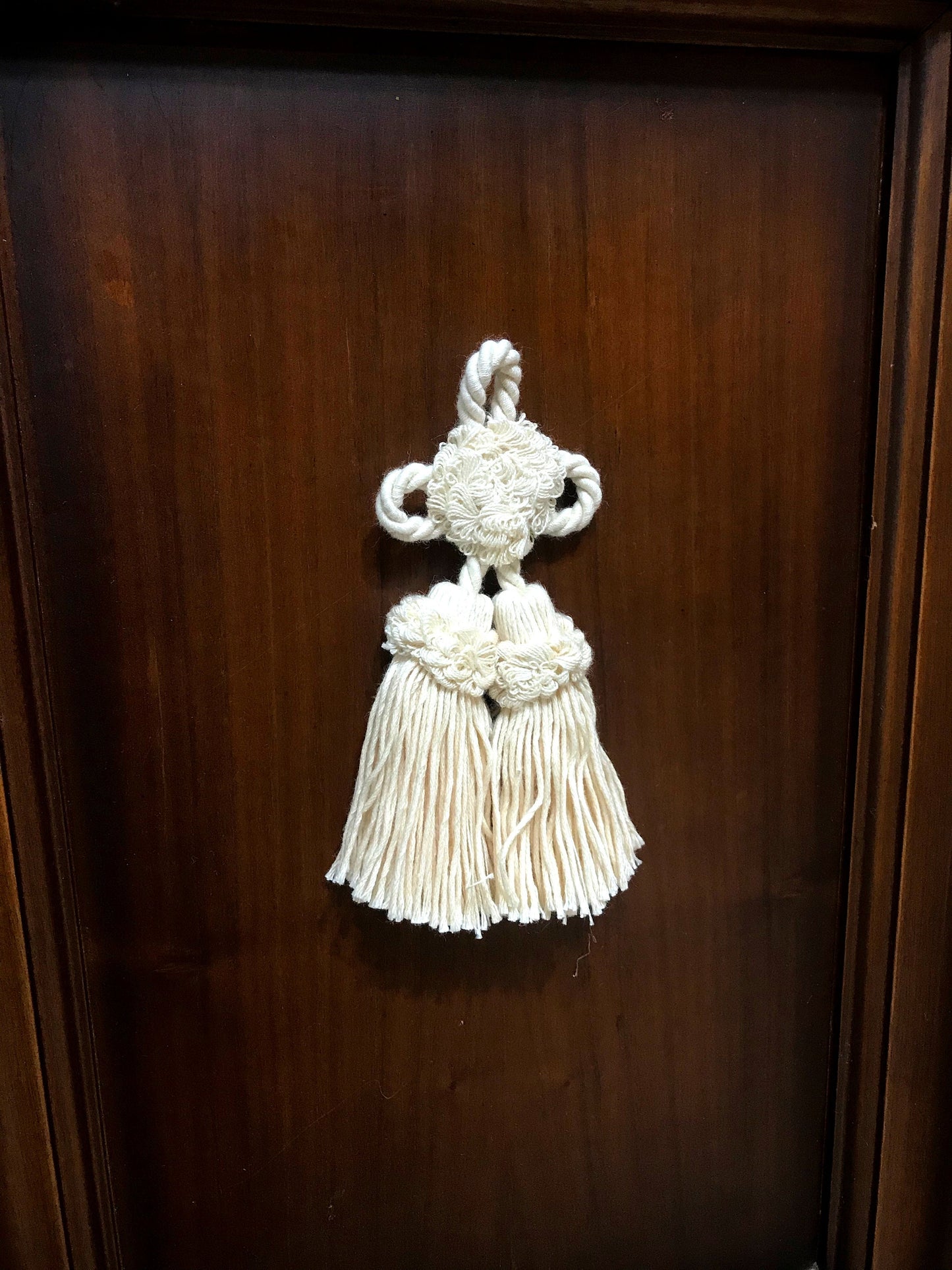 Rosette with cotton tassel bow. Decoration for cushion, sofa, curtain, bags, clothes. Handmade made in Italy