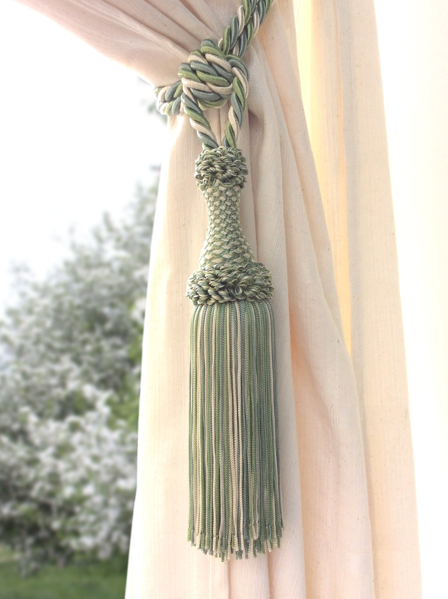 Superb large tie-back in a mix of light blue, blue, and white luxury decoration for curtains drapes drapery made in Italy