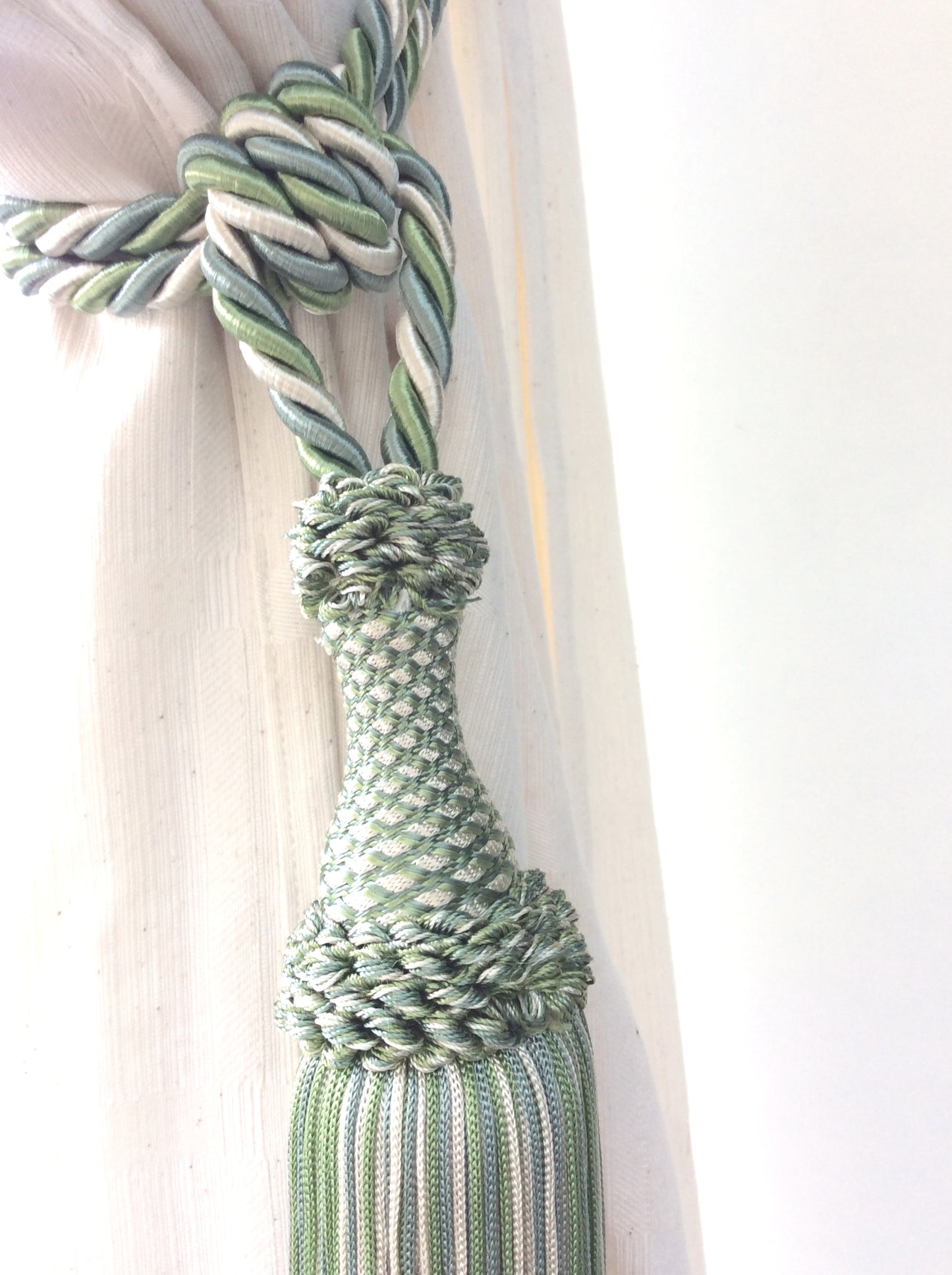 Superb large tie-back in a mix of light blue, blue, and white luxury decoration for curtains drapes drapery made in Italy