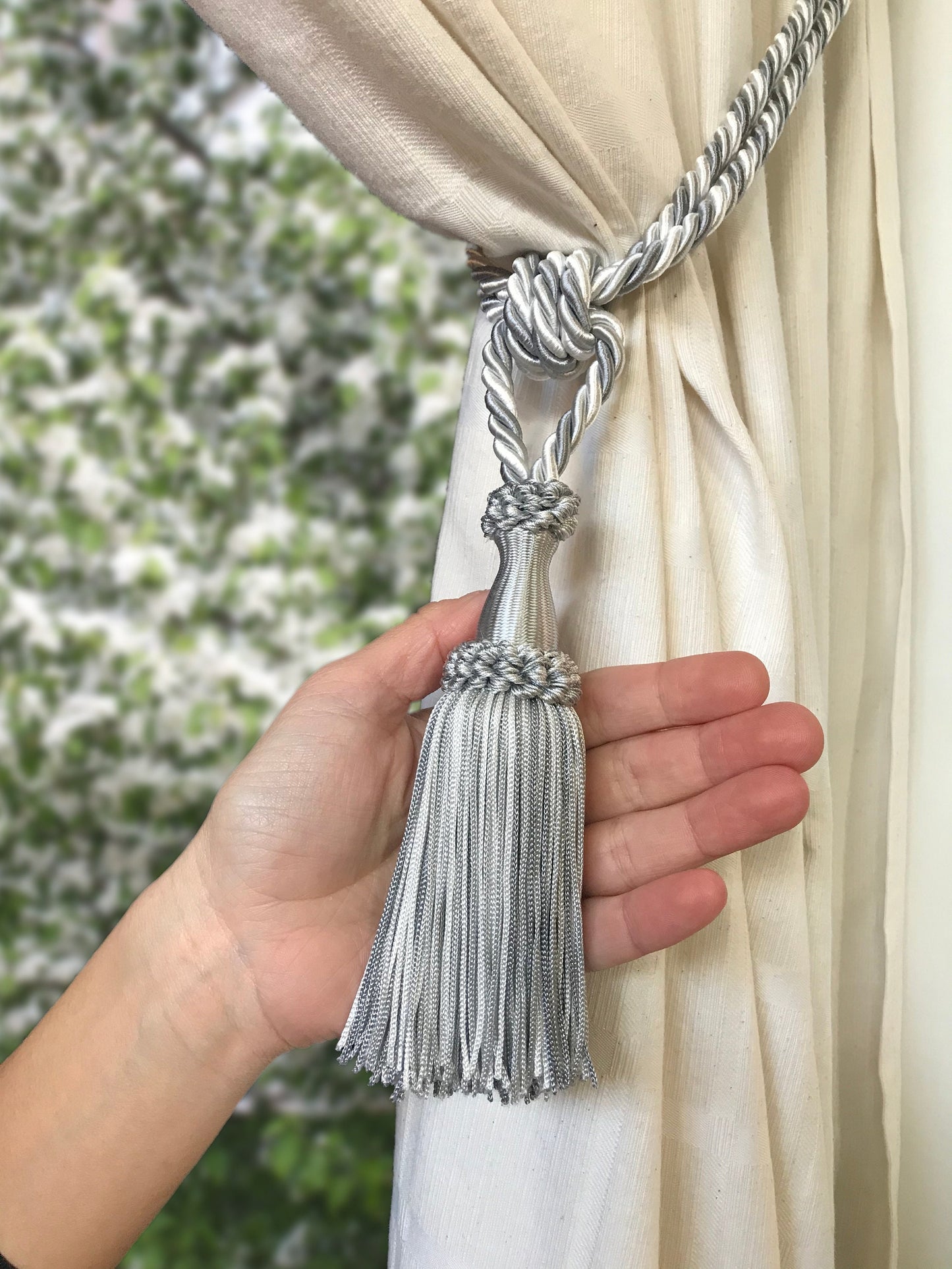 Curtain Tiebacks with 15cm Tassels - Grey and White | Made in Florence