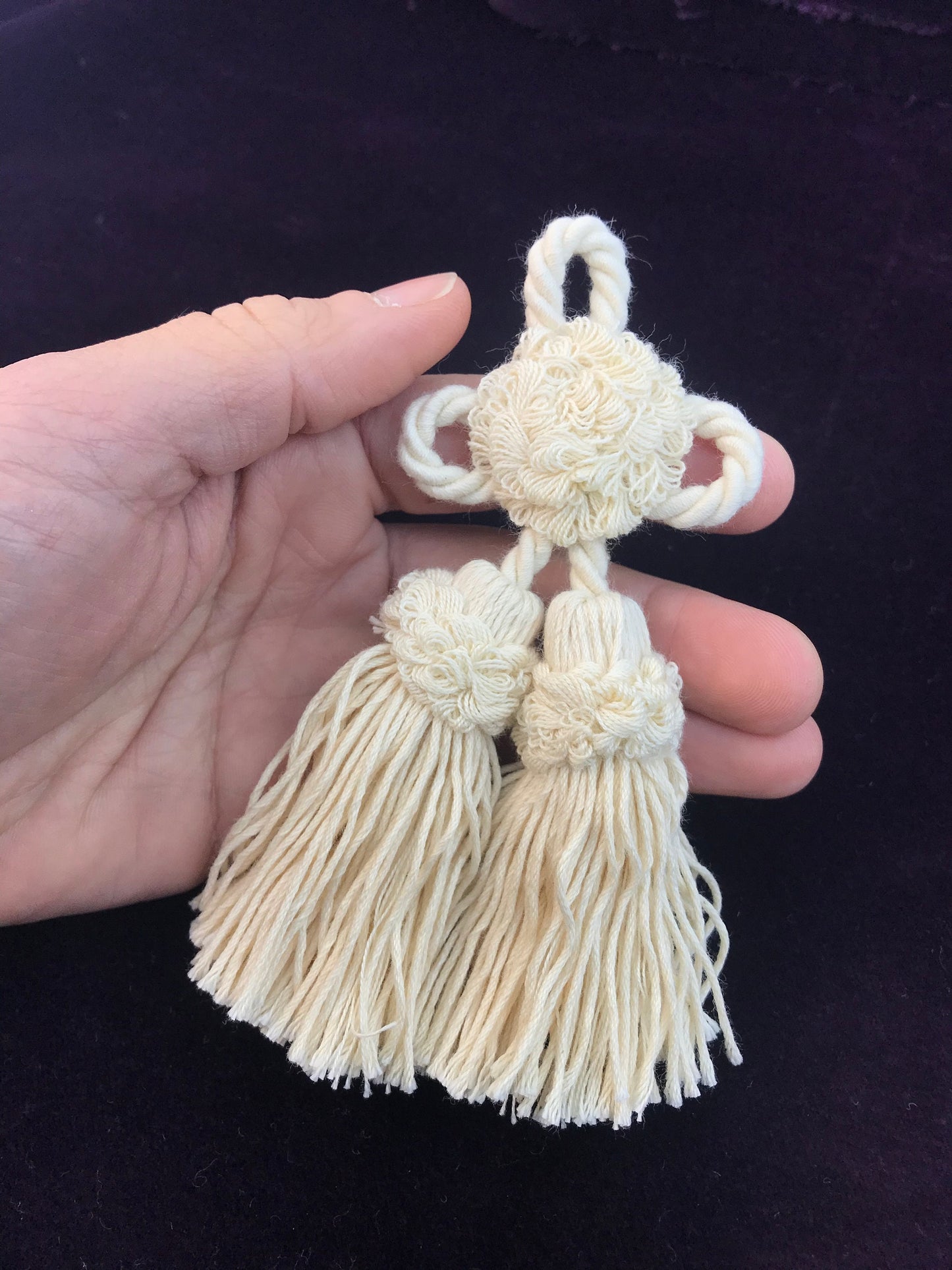 Rosette with cotton tassel bow. Decoration for cushion, sofa, curtain, bags, clothes. Handmade made in Italy
