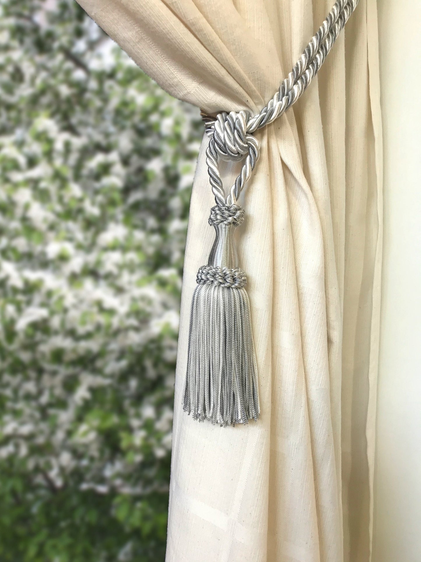 Curtain Tiebacks with 15cm Tassels - Grey and White | Made in Florence